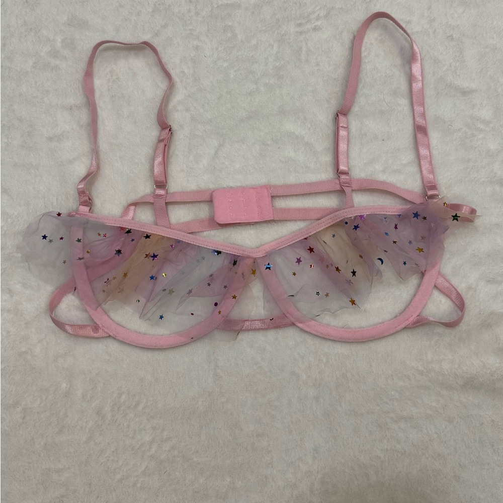Pink Sheer Lingerie Set L Star Mesh 3pc Garter Festival Rave Burlesque - Picture 2 of 9